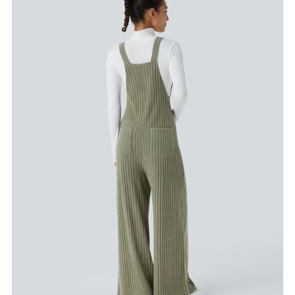HALARA Olive Green Ribbed Wide-Leg Overalls - Picture 2 of 4